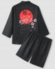 Mens Cherry Blossoms Character Back Print Kimono Loose Two Pieces Outfits