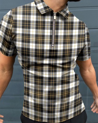 Checkered casual zipper polo shirt HF2903-04-01