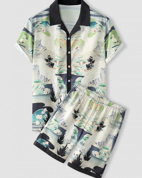 Mens Crane Landscape Print Contrast Trim Holiday Two Pieces Outfits