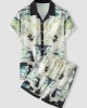 Mens Crane Landscape Print Contrast Trim Holiday Two Pieces Outfits