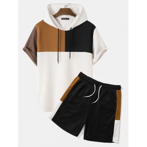 Mens Hooded Waffle Knit Color Block Patchwork Shirts Shorts Two Pieces Outfits