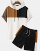 Mens Hooded Waffle Knit Color Block Patchwork Shirts Shorts Two Pieces Outfits