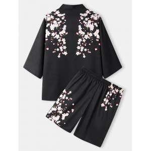 Mens Floral Print Open Front Kimono Loose Two Pieces Outfits