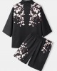 Mens Floral Print Open Front Kimono Loose Two Pieces Outfits