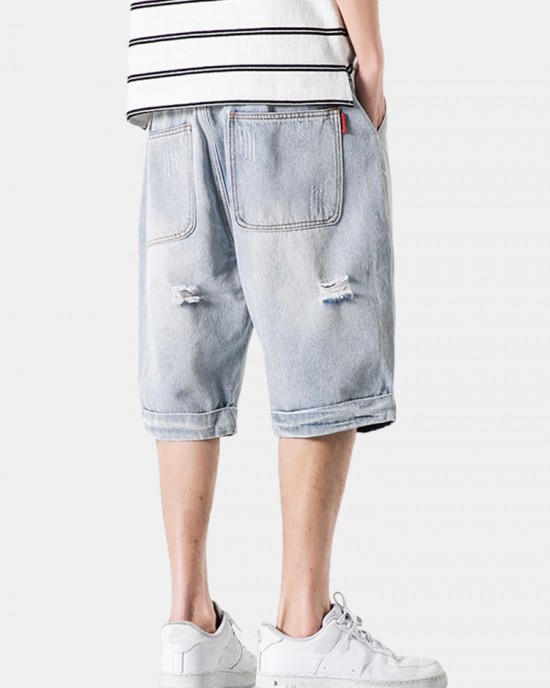 Mens Casual Hole Designed Denim Shorts