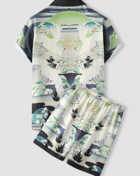 Mens Crane Landscape Print Contrast Trim Holiday Two Pieces Outfits