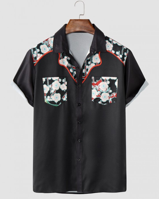 Mens Floral Print Double Pocket Button Up Holiday Two Pieces Outfits