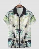 Mens Crane Landscape Print Contrast Trim Holiday Two Pieces Outfits