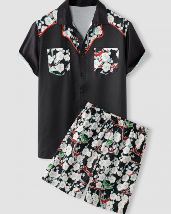 Mens Floral Print Double Pocket Button Up Holiday Two Pieces Outfits