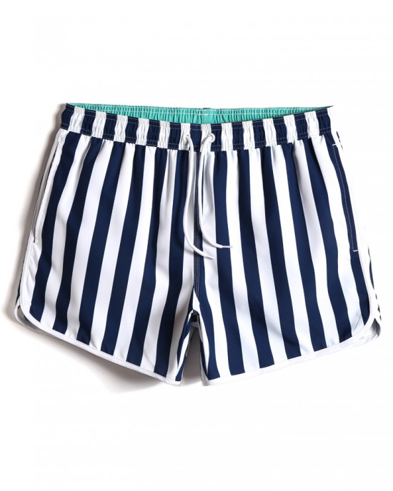 Mens Classic Striped Print Loose Quick Dry Drawstring Waist Holiday Beach Board Shorts