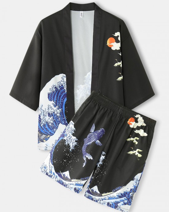 Mens Kimono Waves   Cap Pattern Japanese Elastic Waist Two Piece Outfits