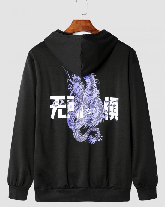 Men Dragon Print Chinese Kangaroo Pocket Casual Hooded Sweatshirt