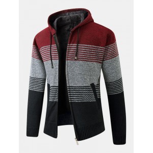 Mens Stripe Colorblock Knitted Fleece Lined Warm Hooded Cardigans With Pocket