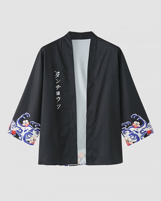 Mens Japanese Wave Print Open Front Kimono Loose Two Pieces Outfits