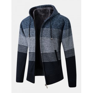 Mens Stripe Colorblock Knitted Fleece Lined Warm Hooded Cardigans With Pocket