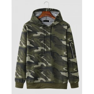 Men Camo Print Zipper Drawstring Bodycorn Hem Casual Hooded Sweatshirt