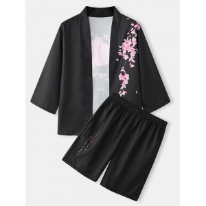 Mens Cherry Blossoms Letter Print Kimono Loose Two Pieces Outfits