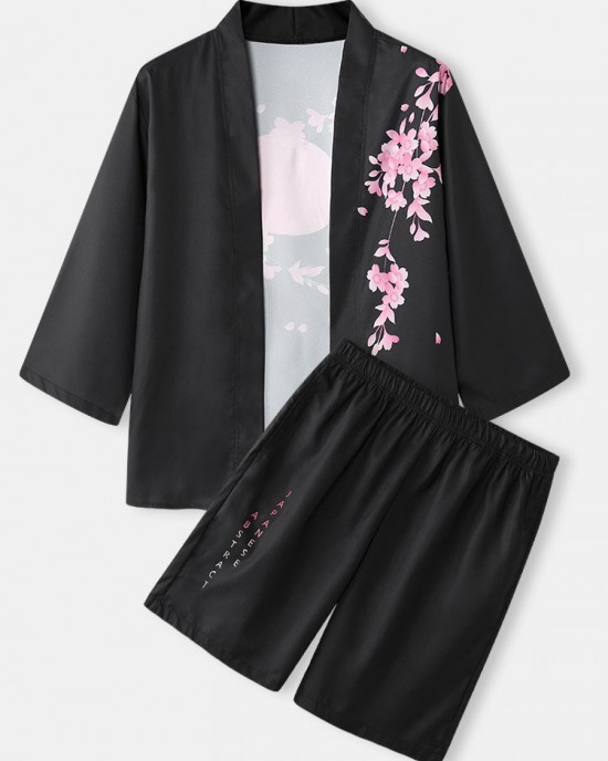 Mens Cherry Blossoms Letter Print Kimono Loose Two Pieces Outfits