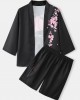 Mens Cherry Blossoms Letter Print Kimono Loose Two Pieces Outfits