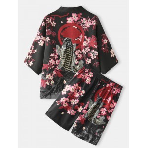 Mens Kimono Carp   Flower Print Japanese Fish Elastic Waist Two Piece Outfits