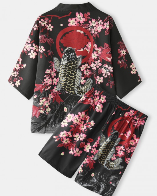 Mens Kimono Carp   Flower Print Japanese Fish Elastic Waist Two Piece Outfits