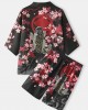 Mens Kimono Carp   Flower Print Japanese Fish Elastic Waist Two Piece Outfits