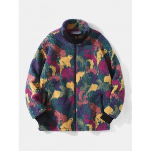 Men Polar Fleece Tie Dye Stand Collar Pockets Zip Cardigans Jacket Coat