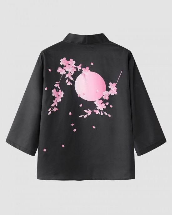 Mens Cherry Blossoms Letter Print Kimono Loose Two Pieces Outfits